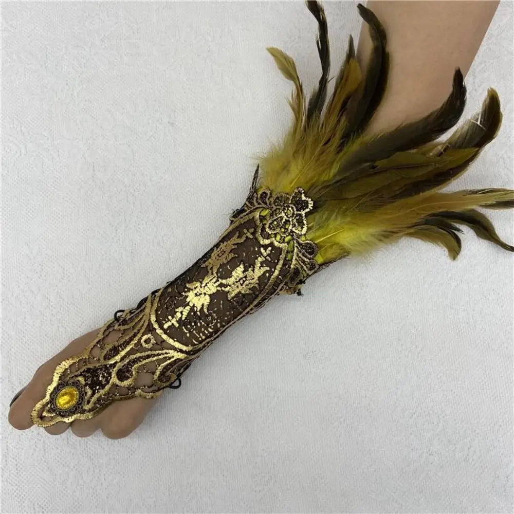 Women's Feather Lace Cuffs – Vintage Gothic Halloween Wristband Costume Feather Gloves Axl
