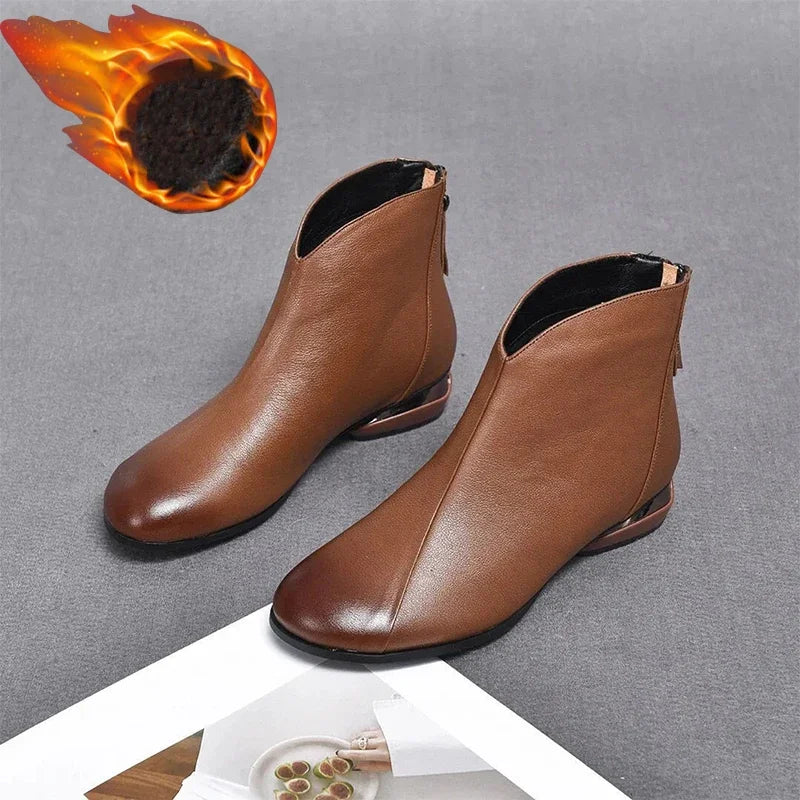 Women's PU Leather Ankle Boots – Low Heel Zip Short Boots Women's Ankle Boots Axl Brown Plush 38