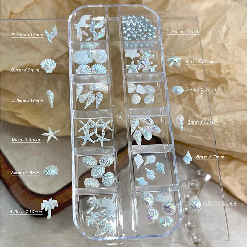 3D Ocean Nail Charms – Shell, Starfish & Mermaid 12-Grid Box Nail Art Charms Axl Blue