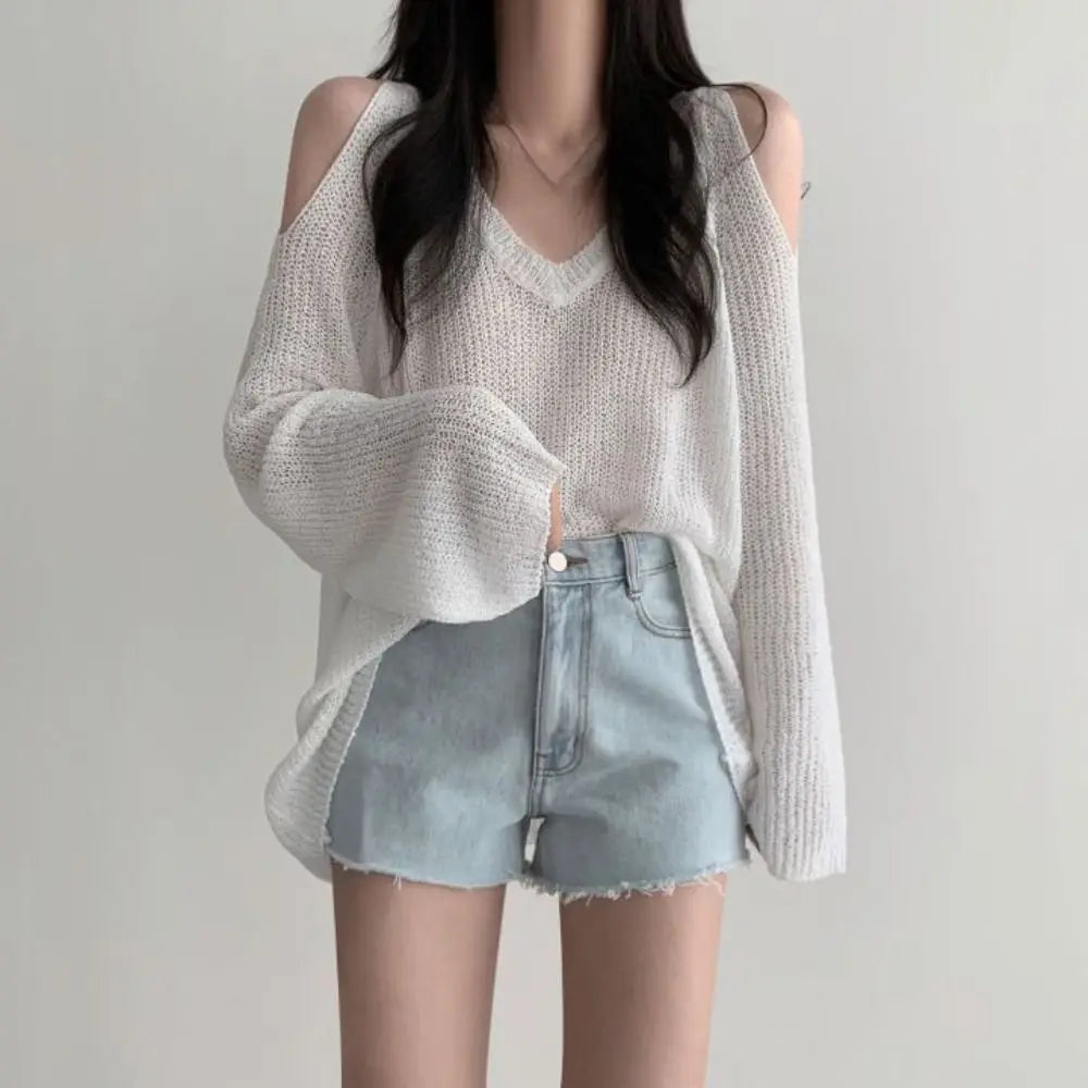 Women's Hollow Knit Crochet Pullover – Loose V-Neck Long Top Knit Pullover Top Axl