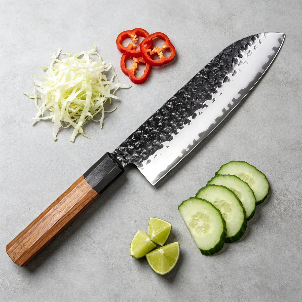 Hand Hammered Japanese Santoku Knife – Stainless Steel & Wood Santoku Chef Knife Axl