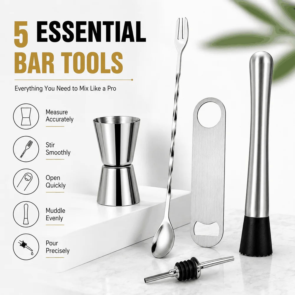 Stainless Steel Cocktail Muddler & Bar Tool Set | 3–9 Piece Bar Tool Set Axl