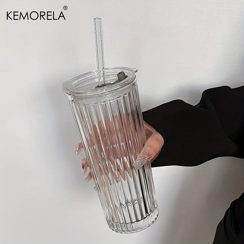 Crystal Grid Glass Tumbler with Straw & Lid | Large Capacity Glass Tumbler Axl