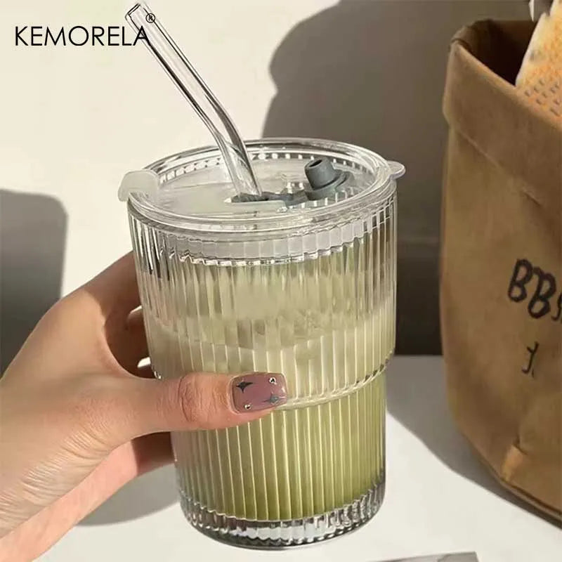 KEMORELA 380ml Striped Glass Cup with Lid & Straw | 1 or 2 Pack Glass Drinkware Set Axl