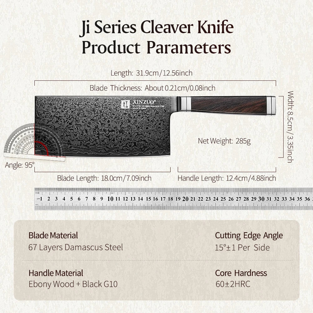 XINZUO 7" Damascus Steel Cleaver Knife – 67-Layer, 60 HRC Damascus Cleaver Knife Axl