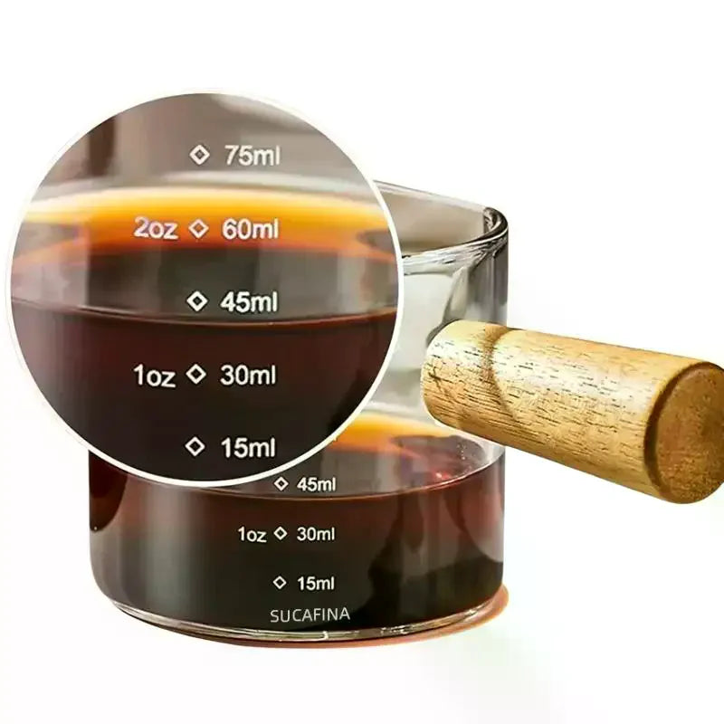 Glass Espresso Measuring Cup with Wood Handle | ml & oz Espresso Measuring Cup Axl