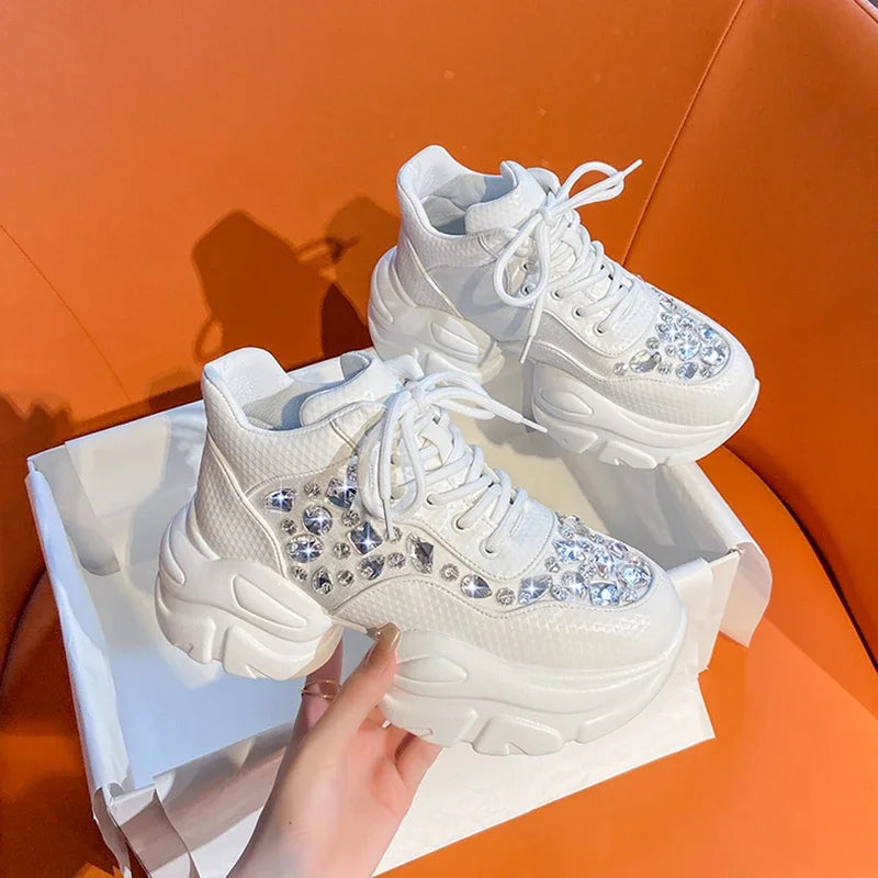 YEAE Women's Diamond Thick Sole Lace-Up Fashion Sneakers Platform Fashion Sneakers Axl WHITE 35