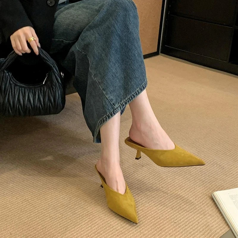 Women's Pointed Toe Mule Slides | Elegant Mid Heel Dress Shoes Mid Heel Mule Slides Axl