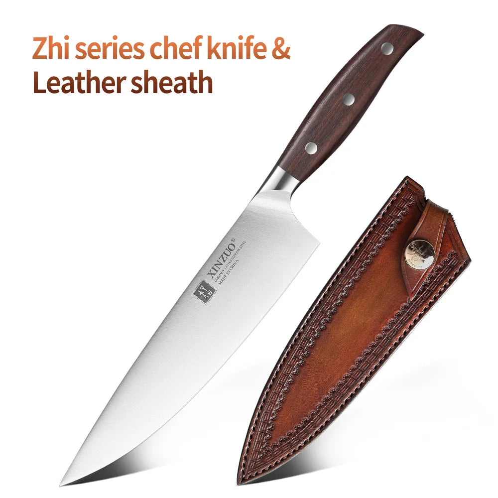 XINZUO 8" Chef Knife – German Steel & Red Sandalwood Handle Chef Knife Axl with leather sheath