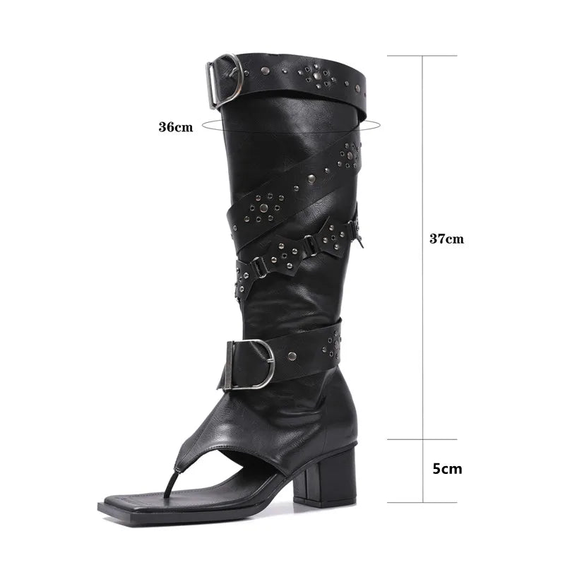 Women's Punk Knee High Boots – Rivet Buckle Square Toe Heels Knee High Boots Axl
