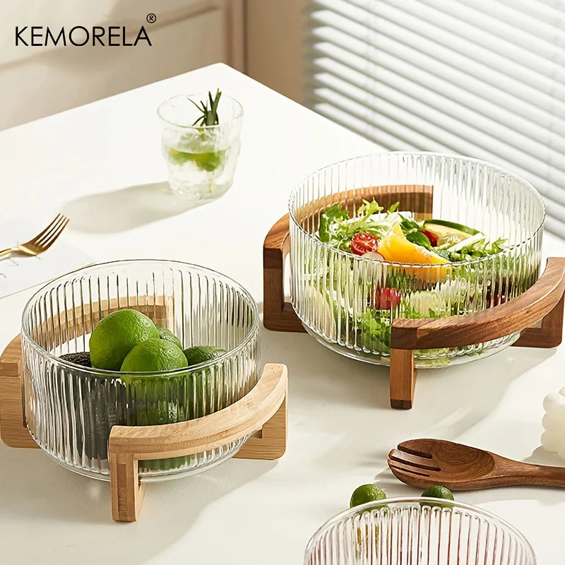 KEMORELA Striped Glass Bowl with Wooden Stand | Salad & Fruit Glass Serving Bowl Axl