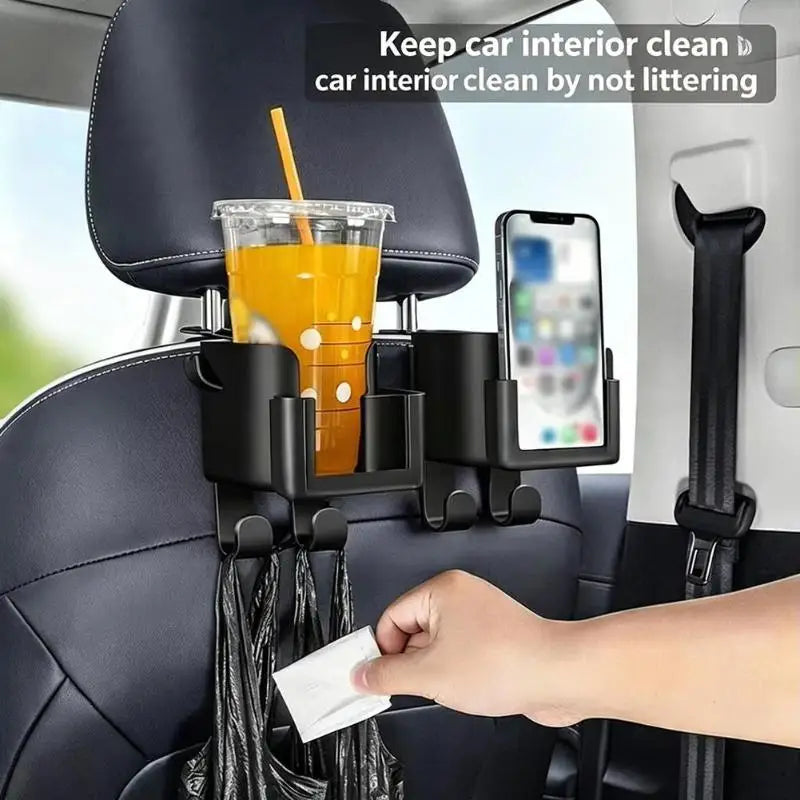 Car Headrest Cup Holder, Phone Mount & Rear Hook Rack Car Seat Organizer Axl