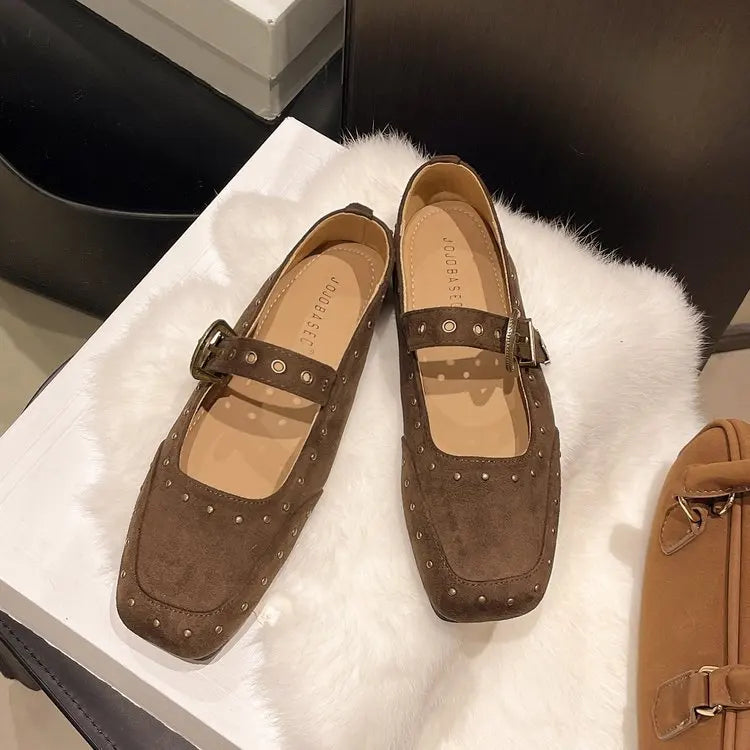 Retro Mary Jane Flats – Square Toe Buckle & Rivet Women's Shoes Women's Flat Shoes Axl coffee 40
