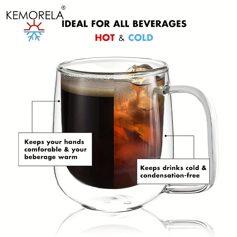 KEMORELA Double Wall Clear Glass Coffee Cup with Handle | 1-2 Pack Glass Coffee Mug Axl