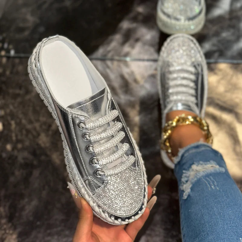 UXST Women's Crystal Platform Sneakers – Lace-Up Flat Shoes Platform Sneakers Axl