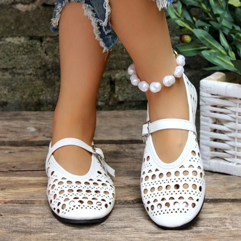 Women's Mary Jane Flats – Hollow Cutout Buckle Strap Round Toe Mary Jane Flats Axl