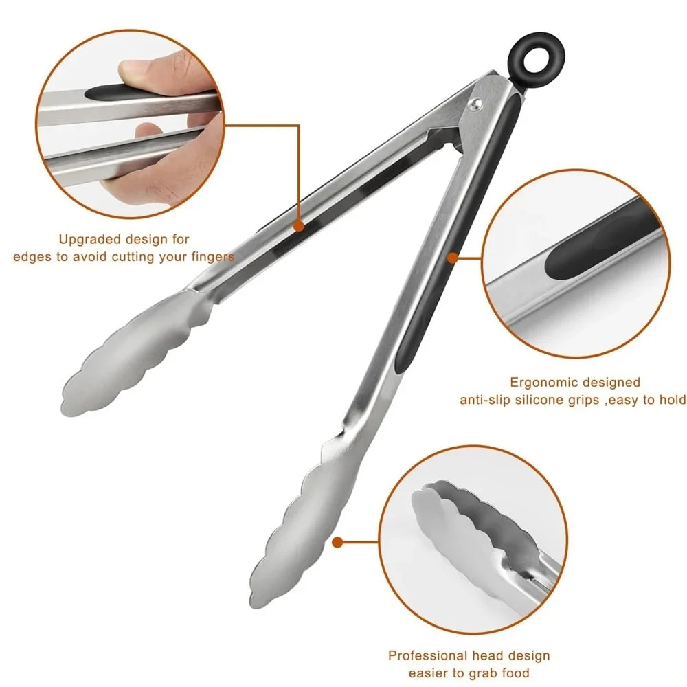 Stainless Steel BBQ Tongs – Non-Slip Extended Food Clamp BBQ Kitchen Tongs Axl