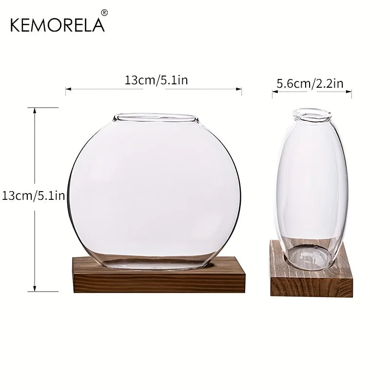 Hydroponic Glass Planter with Wood Stand | Desk Decor Vase Glass Hydroponic Planter Axl