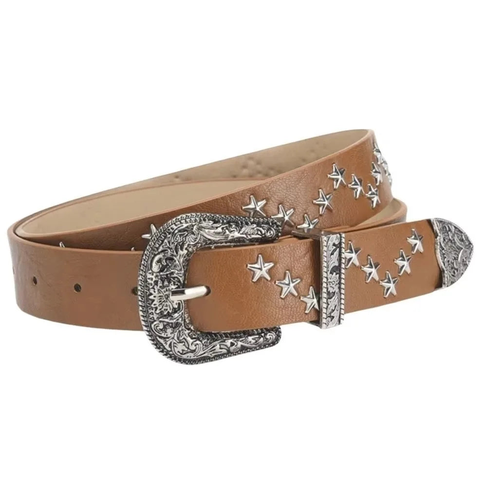 Y2K Punk Studded Belt – Gothic PU Leather Star Waistband Fashion Belt Axl Camel