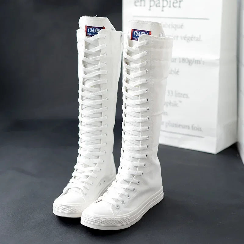 Women's Canvas Mid-Calf Lace-Up Flat Boots | Vulcanized Sneaker Canvas Mid-Calf Boots Axl