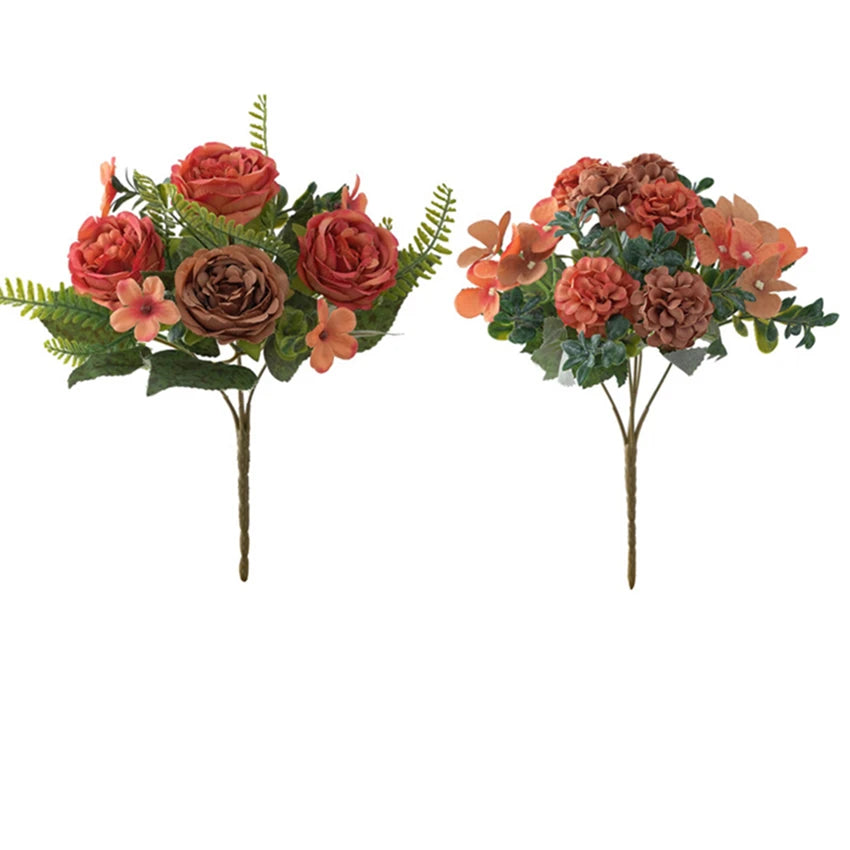 Silk Peony Hydrangea Artificial Bouquet – Wedding & Home Decor Artificial Flower Bouquet Axl Orange 1pc