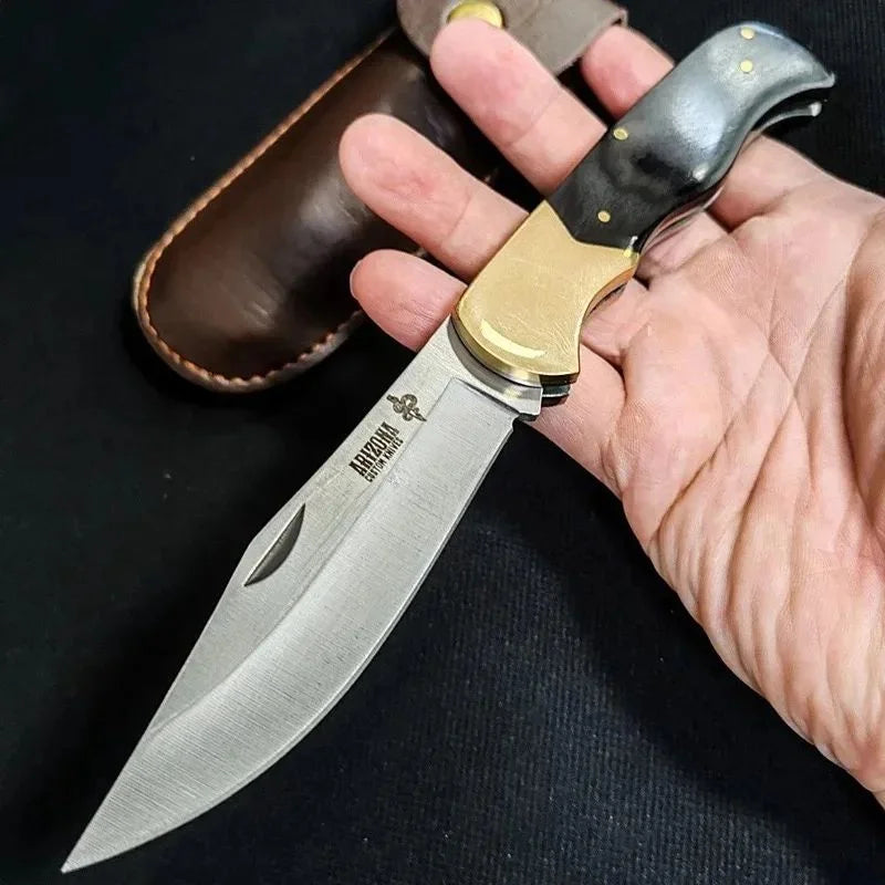 Folding Pocket Knife – Ebony & Brass Handle + Leather Sheath EDC Folding Pocket Knife Axl