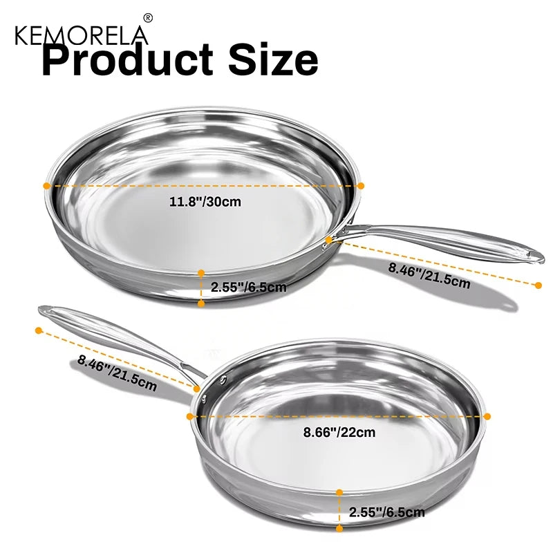 KEMORELA Tri-Ply 304 Stainless Steel Frying Pan | Induction Ready Stainless Steel Skillet Axl
