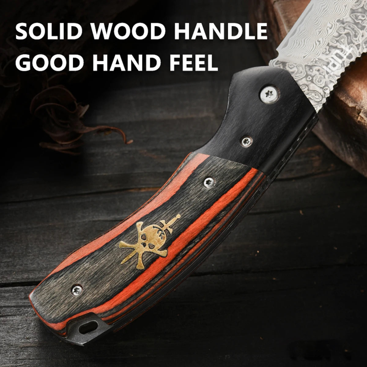 Damascus Steel Folding Pocket Knife – Wave Grain Wood Handle EDC Folding Pocket Knife Axl