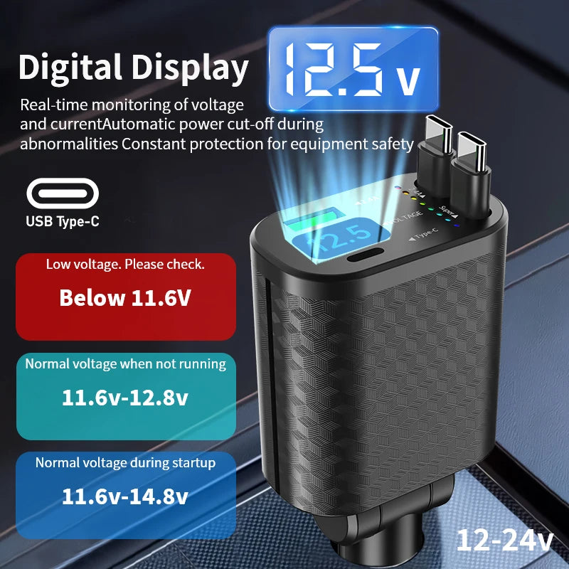 4-in-1 Retractable Car Charger – Digital Display & Fast Charging Car Phone Charger Axl