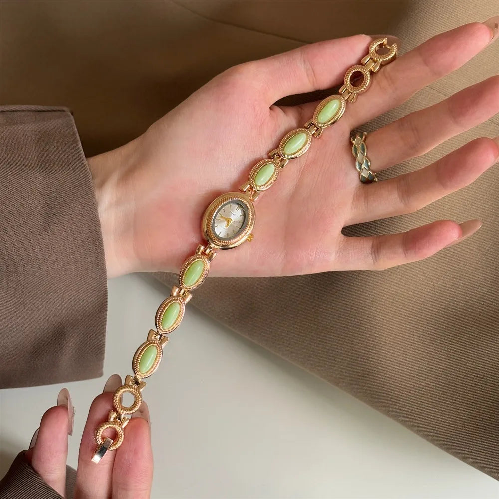 Luxury Oval Bracelet Watch – Vintage Gemstone Quartz Women Bracelet Watch Axl Light Green