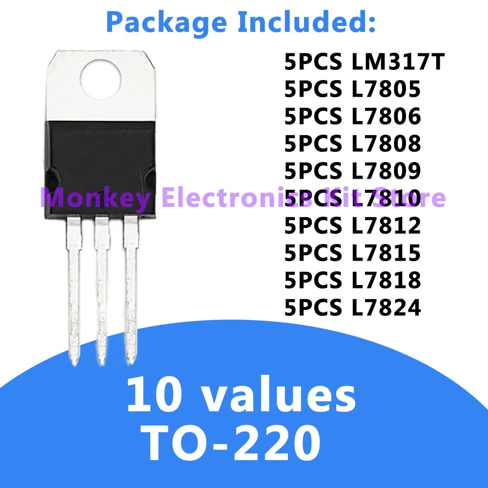 50PCS TO-220 Voltage Regulator IC Kit – LM317T & L78xx Series Voltage Regulator Kit Axl