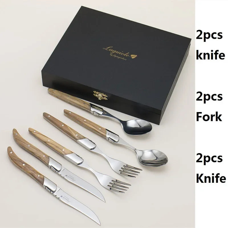 6-Piece Laguiole-Style Steak Knife & Fork Set | Wood Handle Steak Cutlery Set Axl oliver cutlery set