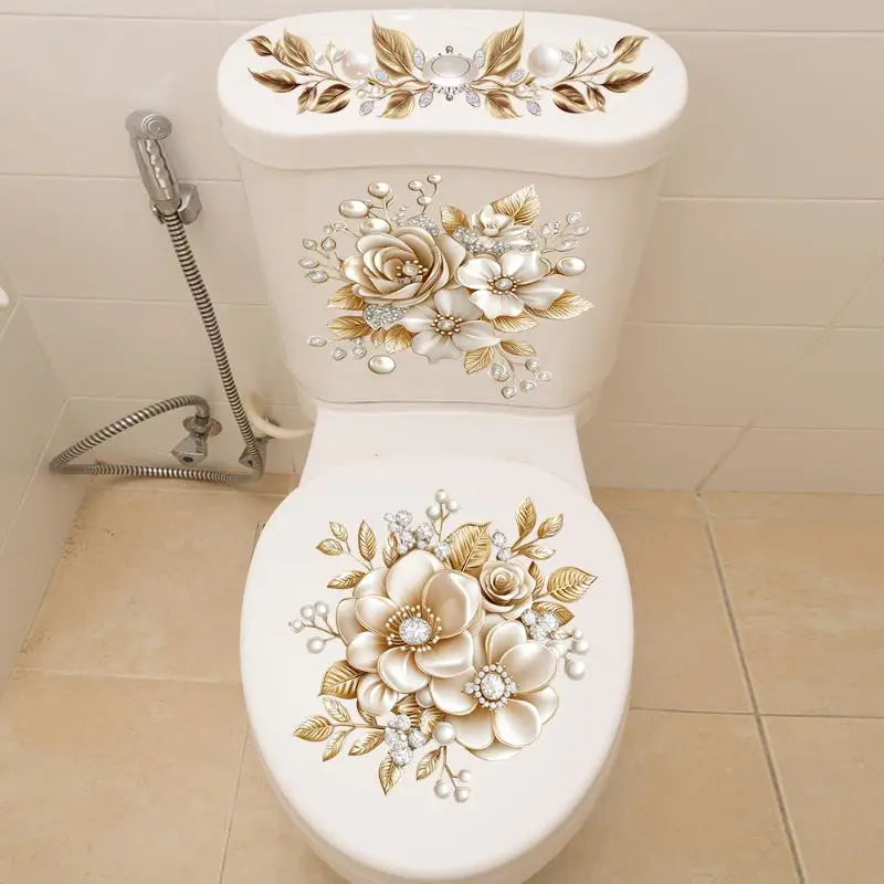 Gold Pearl Floral Toilet Sticker – Waterproof Bathroom Decal Bathroom Wall Sticker Axl