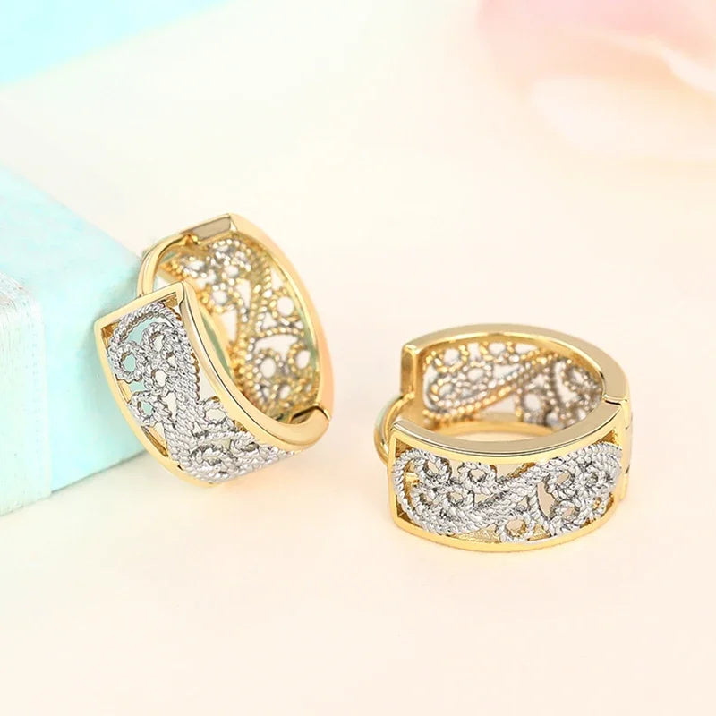 Huitan Two-Tone Hollow Hoop Earrings | Geometric Fashion Jewelry Hoop Earrings Axl