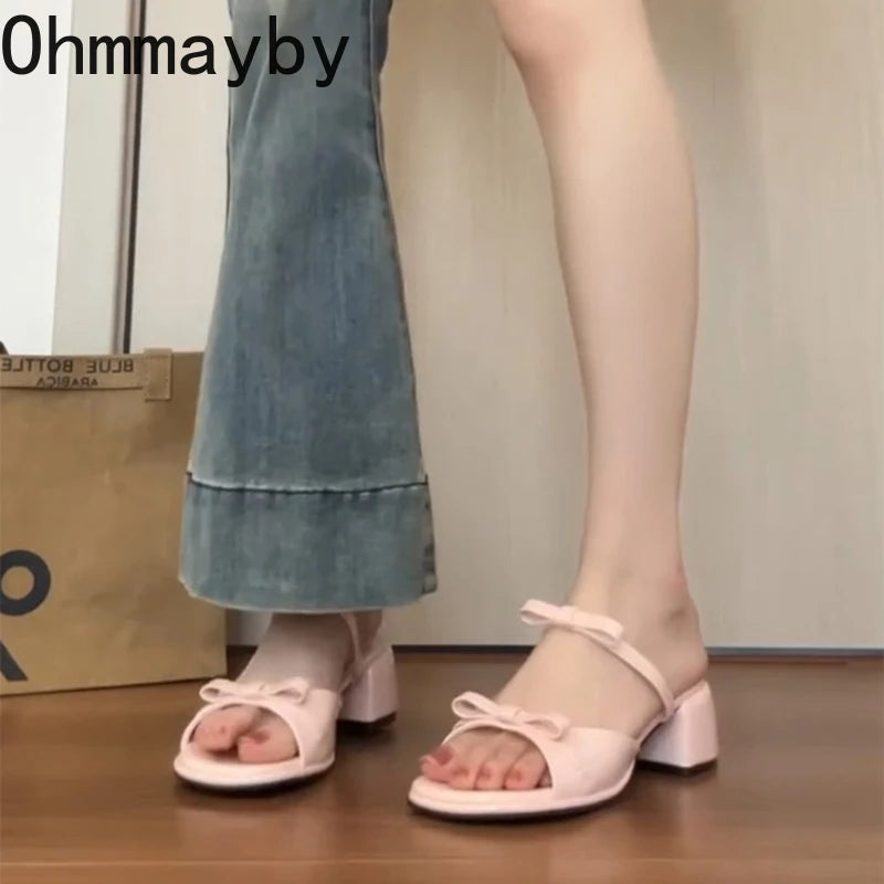 Women's Butterfly-Knot Square Heel Open Toe Dress Slides Dress Heel Slides Axl