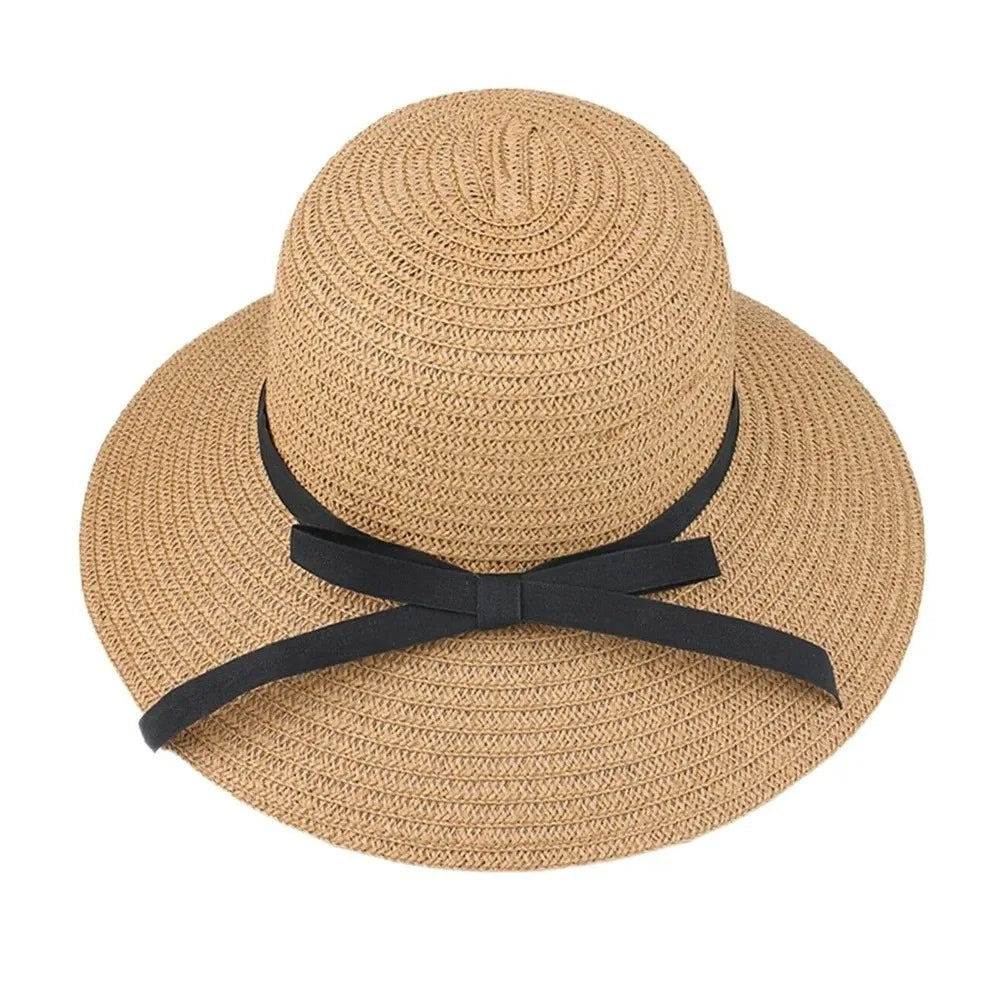 Women's Wide Brim Straw Bow Hat – Bohemian Beach Bucket Hat Wide Brim Sun Hat Axl Light Coffee
