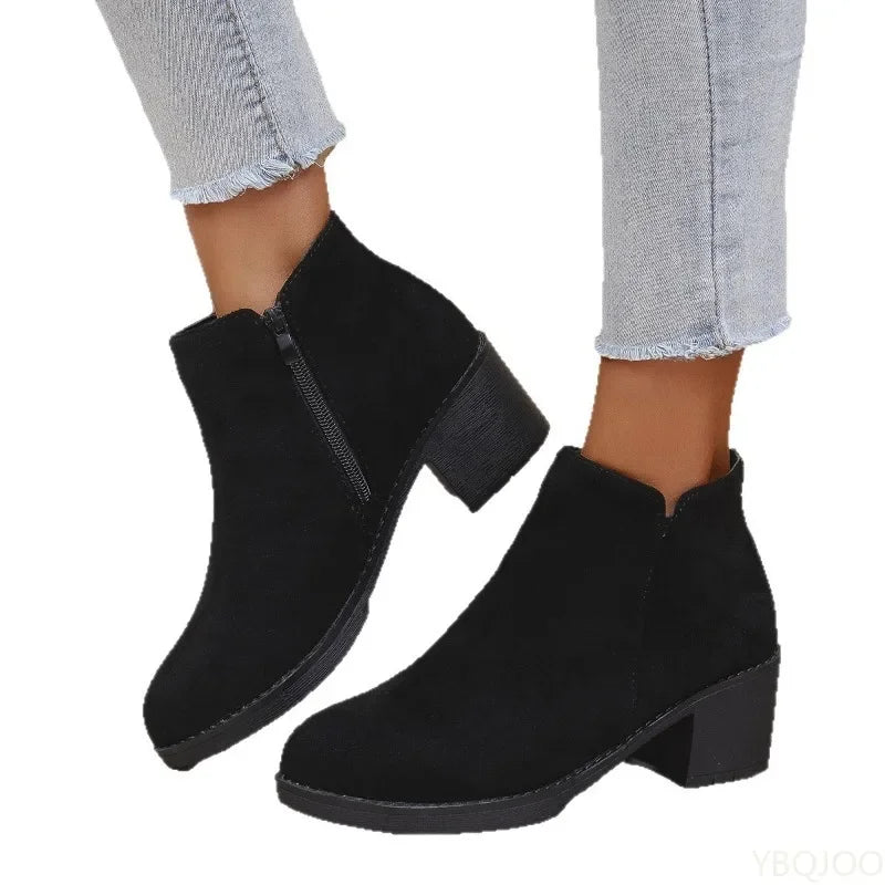 YBQJOO Women's Retro Suede Ankle Boots | Square Heel Zip Women's Ankle Boots Axl