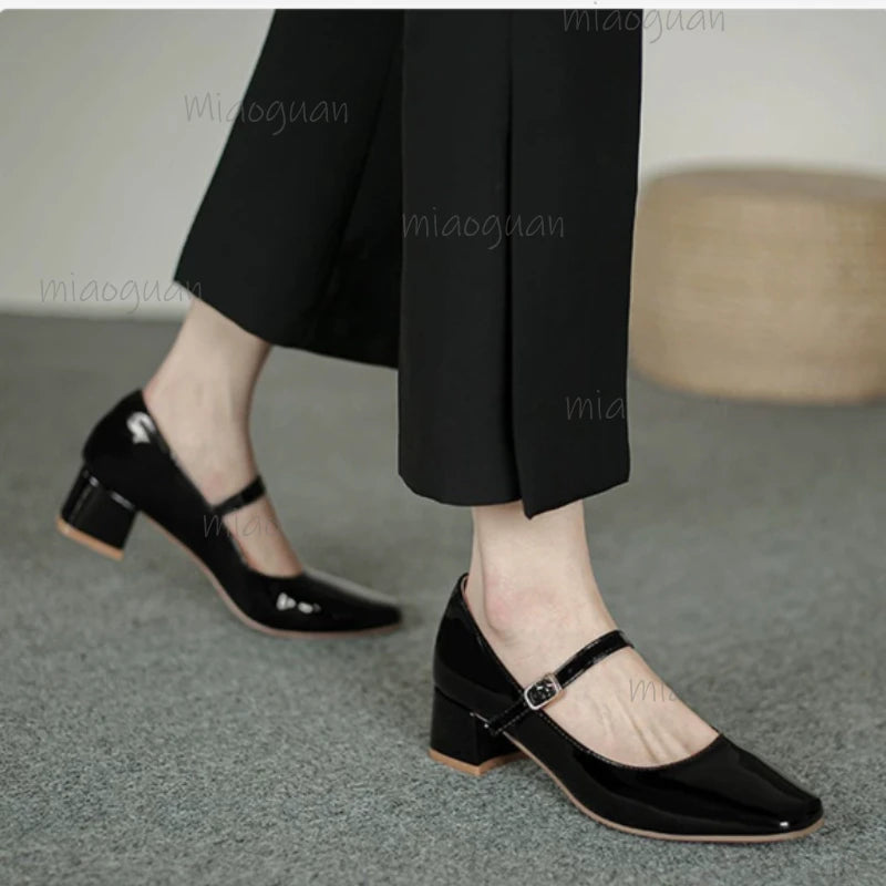 French Square Toe Mary Jane Pumps – Retro Mid-Heel Women's Shoes Mary Jane Pumps Axl