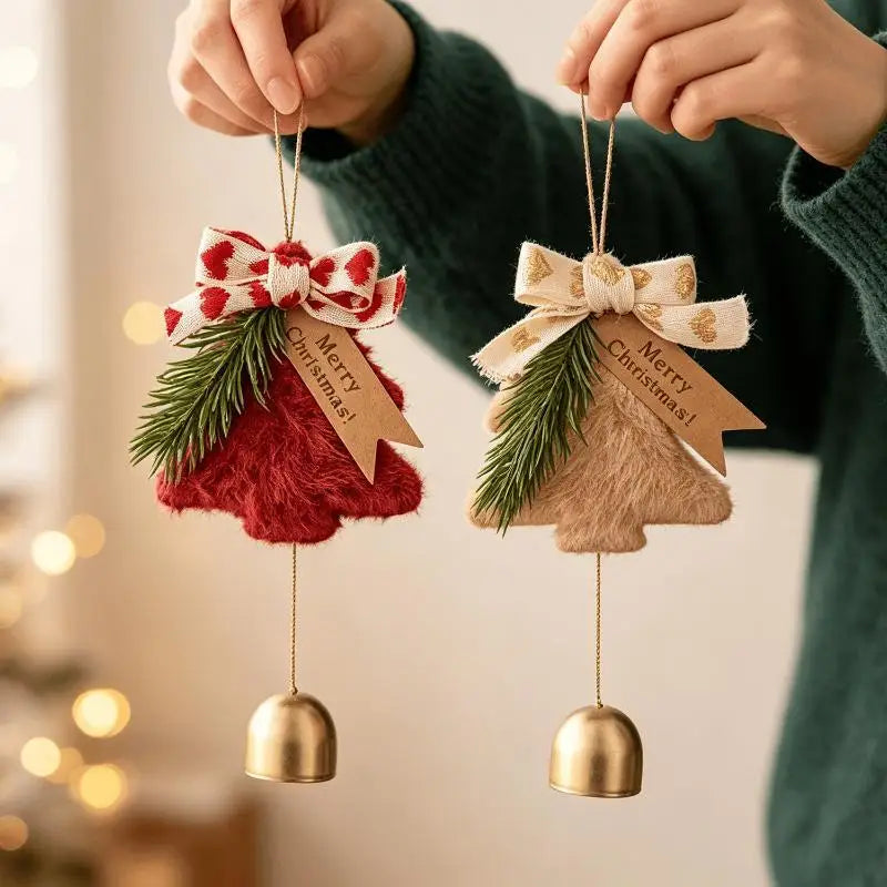 Plush Christmas Tree Ornament with Bow & Brass Bells | Xmas Décor Christmas Ornament Axl