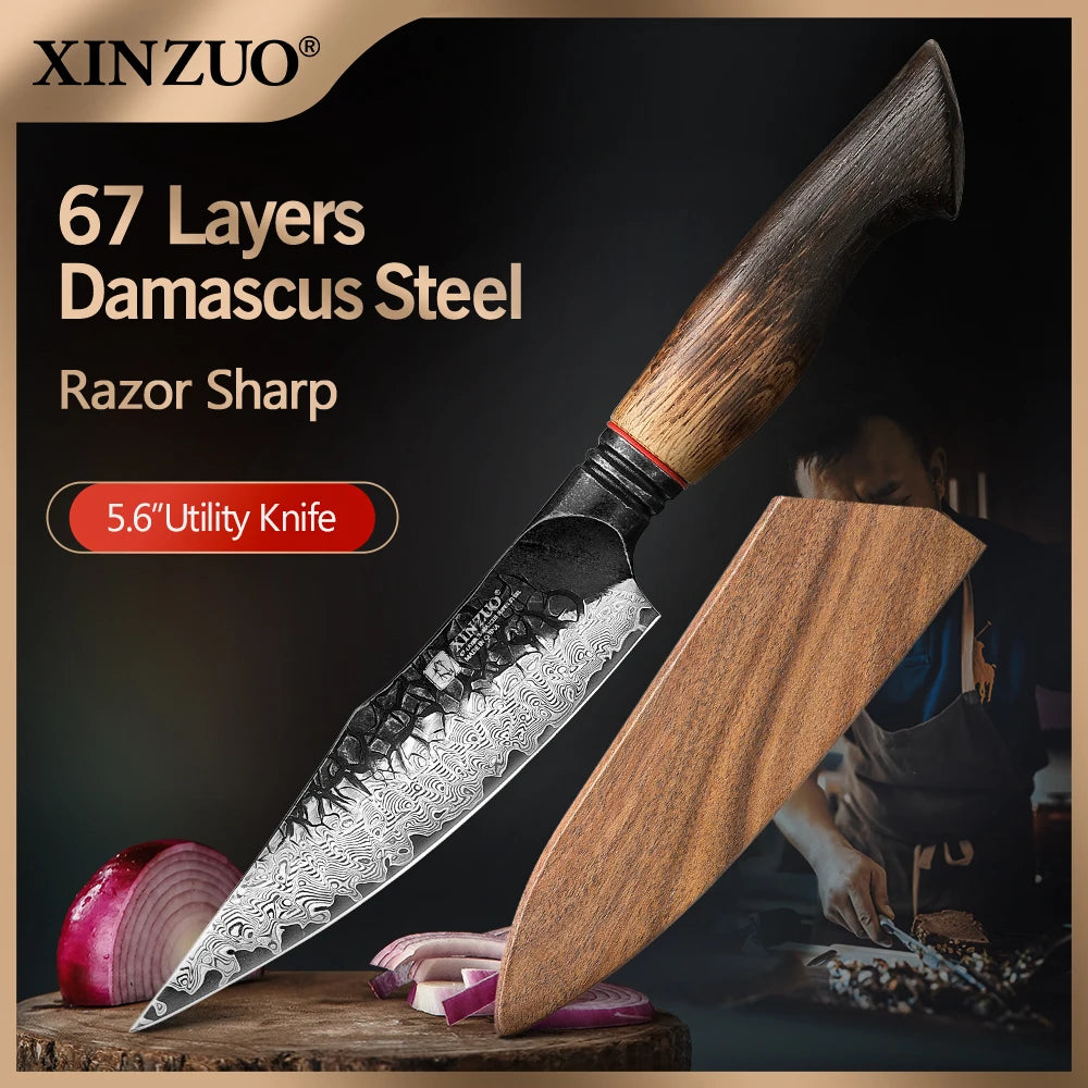 XINZUO 5.5" Damascus Utility Knife – 67-Layer Super Steel Damascus Utility Knife Axl