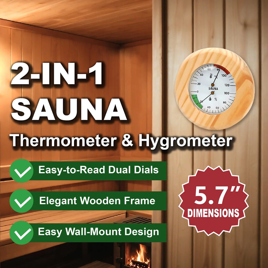 2-in-1 Wooden Sauna Thermometer & Hygrometer | Round Dial Sauna Thermometer Hygrometer Axl