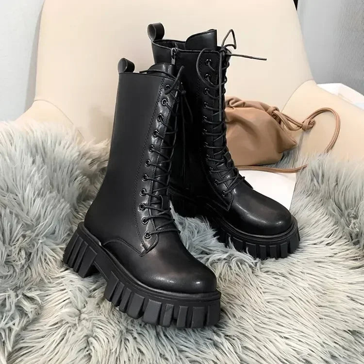 Women's Mid-Calf Winter Boots – British Lace-Up Thick Sole Mid-Calf Winter Boots Axl Black Mid Calf Boots 38