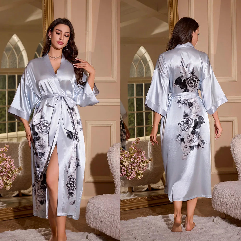 Women's Printed Kimono Robe – Long Loose Loungewear Nightgown Kimono Loungewear Robe Axl 01 One Size