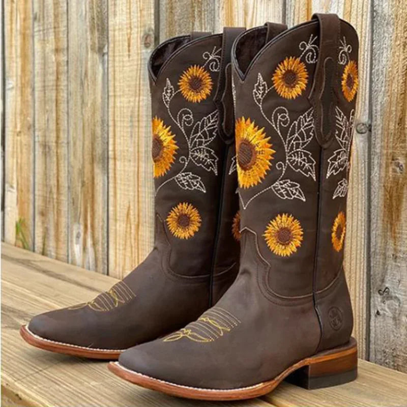 Women's Embroidered Knee-High Winter Boots | Brown Slip-On Knee-High Boots Axl