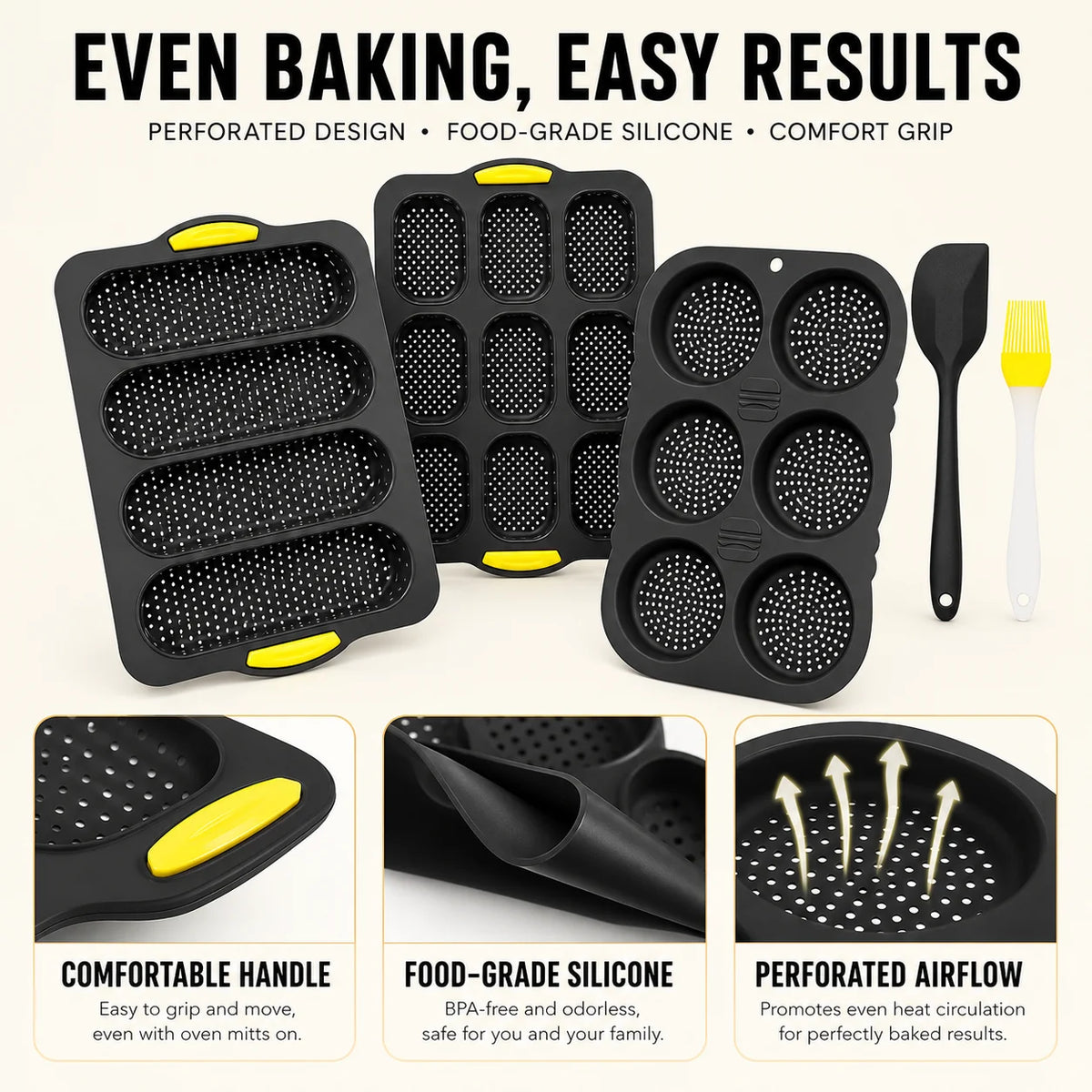 Uwhise 5-Pc Silicone Baking Mold Set – Bun, Baguette & Loaf Pan Silicone Bakeware Set Axl