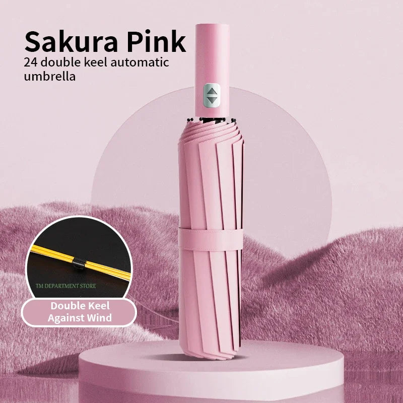 Windproof Auto 3-Fold Umbrella – 24 Rib Double Canopy UPF UV Travel Umbrella Axl 24 Ribs pink 24K Iron