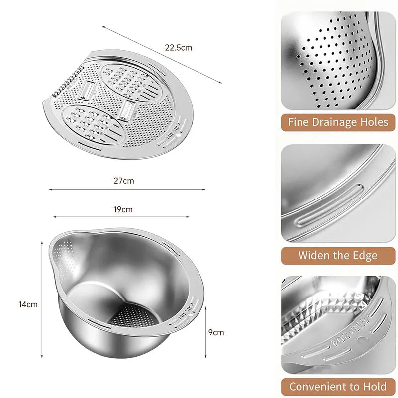 Stainless Steel Colander Set – Rice Washing Bowl & Grater Kitchen Colander Set Axl