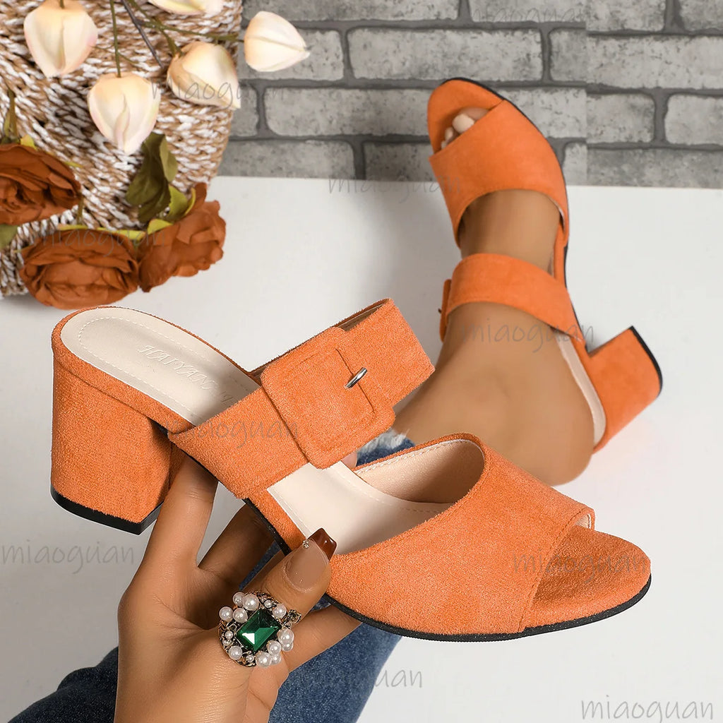 Women's Peep Toe Heeled Sandals – Buckle Square Heel Plus Size Heeled Sandals Axl