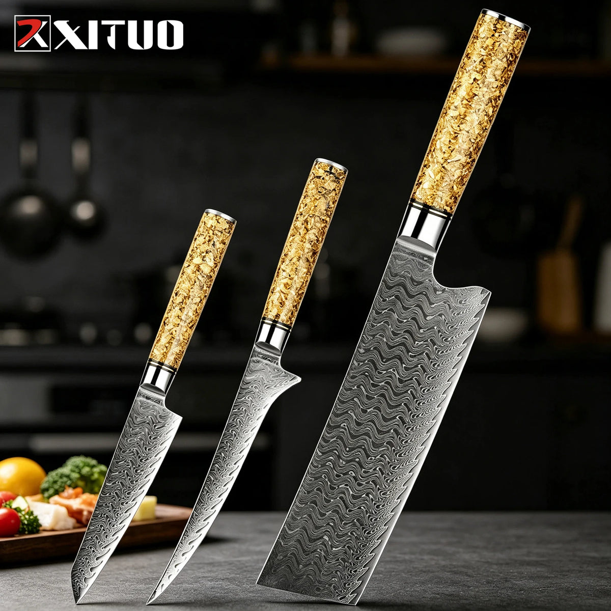 XITUO Damascus Steel Knife Set 1–5 PCS | Chef & Kitchen Knives Damascus Knife Set Axl 3PCS Knife C
