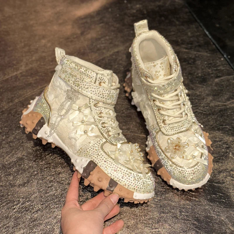 Women's Rhinestone Platform Sneakers | Thick Sole Mesh Shoes Platform Sneakers Axl
